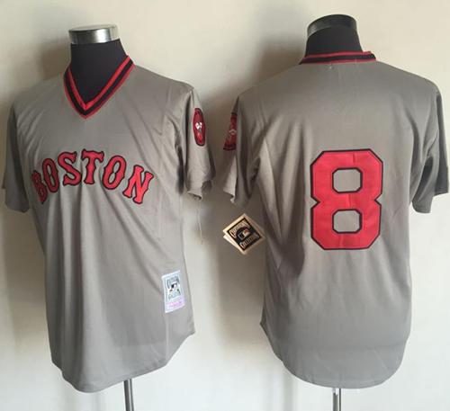 Mitchell and Ness 1975 Red Sox #8 Carl Yastrzemski Grey Stitched Throwback MLB Jersey